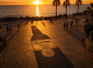 Corona превратила закат в рекламу с силуэтом фирменной бутылки: как работает Corona Sun Shadows Реклама Corona появляется на улицах только во время заката: городские тени на несколько минут создают силуэт фирменной бутылки.