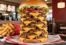 Wendy’s вернула T-Rex Burger с 9 котлетами: сколько стоит бургер и как пройти челлендж Wendy’s T-Rex Burger с 9 котлетами вернулся в Эдмонде: сет стоит $29,99, включает фри, напиток и футболку, а победителю обещают особый приз.