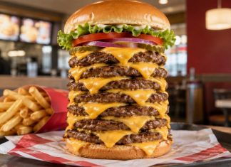 Wendy’s вернула T-Rex Burger с 9 котлетами: сколько стоит бургер и как пройти челлендж Wendy’s T-Rex Burger с 9 котлетами вернулся в Эдмонде: сет стоит $29,99, включает фри, напиток и футболку, а победителю обещают особый приз.