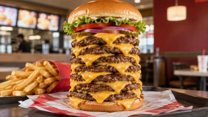 Wendy’s T-Rex Burger с 9 котлетами вернулся в Эдмонде: сет стоит $29,99, включает фри, напиток и футболку, а победителю обещают особый приз. Wendy’s T-Rex Burger с 9 котлетами вернулся в Эдмонде: сет стоит $29,99, включает фри, напиток и футболку, а победителю обещают особый приз.