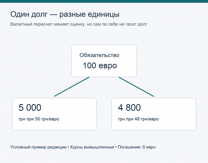Один долг 100 евро имеет гривневую оценку 5000 или 4800 грн при разных условных курсах