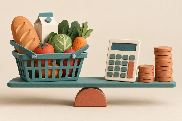 Условная продуктовая корзина, калькулятор и жетоны: иллюстрация семейных расходов