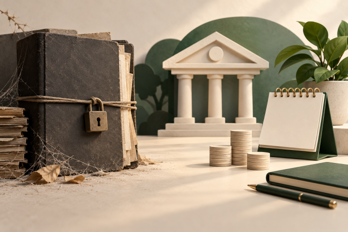 oschadbank-inactive-accounts-ai Иллюстрация неактивного банковского счета: учетная книга, монеты и календарь